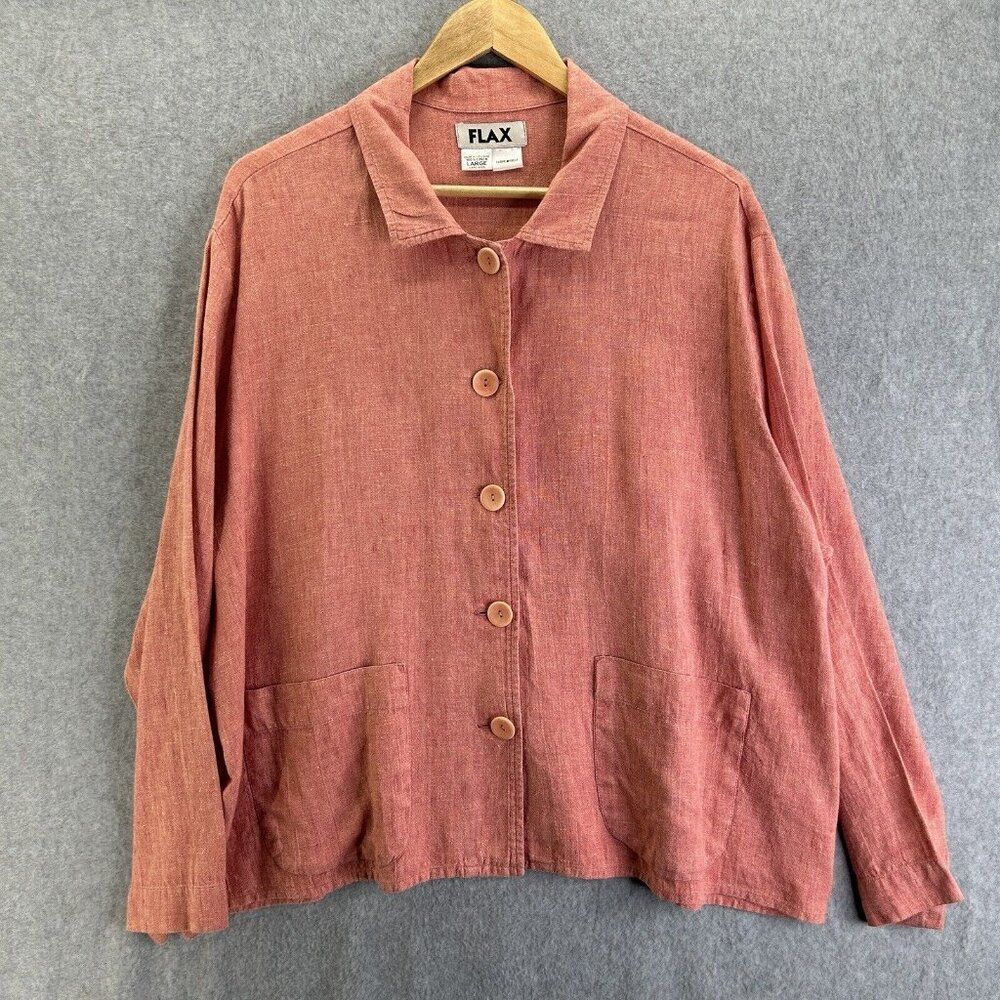 FLAX Long Sleeve Button Down Collared Linen Blouse Shirt Large Coral Salmon Pink
